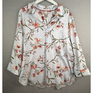 Chicos No Iron Floral Popover  Tunic Top Womens Sz 4 2x XXL Powder Blue Spring